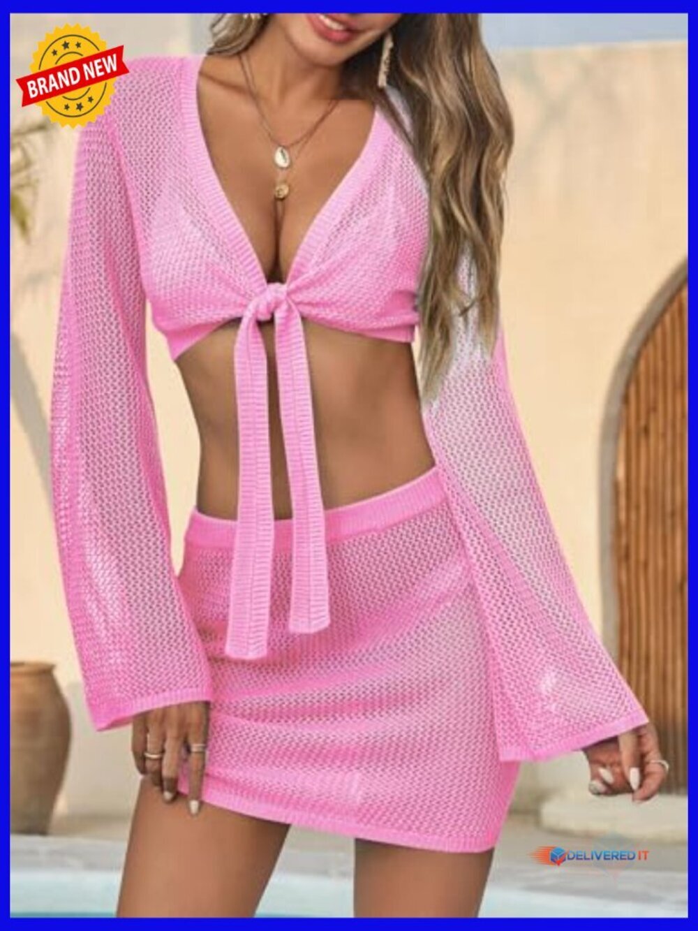 Crochet 2 Piece Swimsuit Cover Up Set Crop Top Mini Skirt - Picture 3 of 7